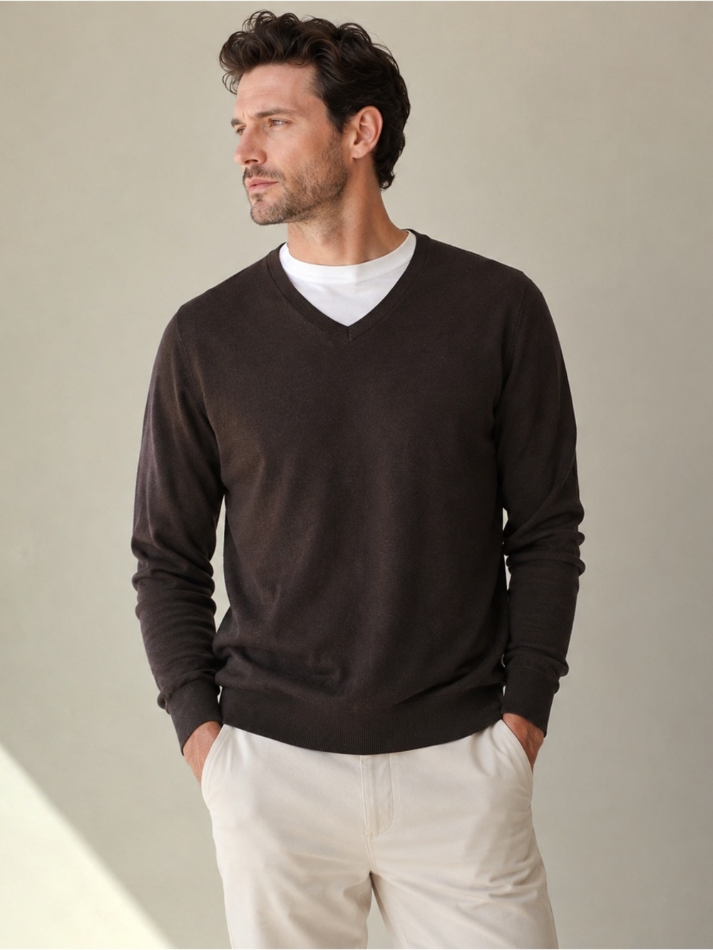 Banana Republic Luxury Blend Brown V Neck Sweater L Silk Cotton Cashmere Men’s